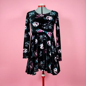 Black Floral Long Sleeve Skater Dress